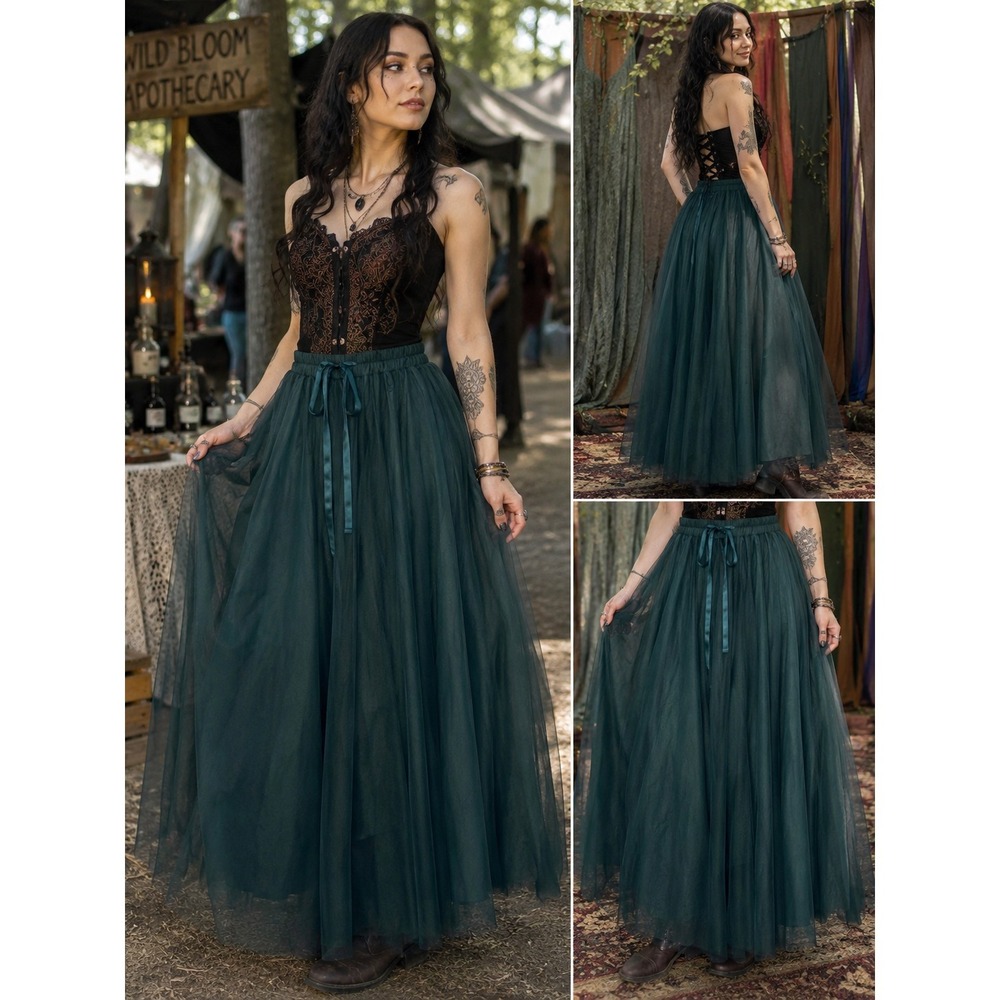 Choklate Paris Green Tulle Maxi Lay Full Skirt M Ren Faire Goth Coquette Layered